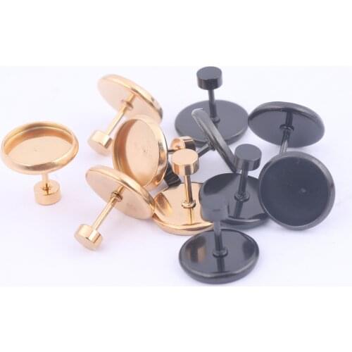 20pcs Gold Plated Black Fit 10mm 12mm Cabochon Earring Base Setting Blank Diy Stud Earrings Pin Post Findings With Screw Backs