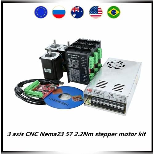 3 axis CNC Nema23 57 stepper motor kit include 3 pcs 2.2Nm 3A motor +3 pcs drivers + 1 pcs 350w36v power supply + MACH3 card