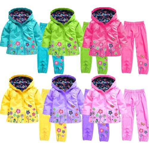 9 Color Cute Cartoon Flower Butterfly Rain Clothing Set For Girl 2-6 Years Old Kids Full Sleeve RainCoat + Pants 2Pcs Girls Suit