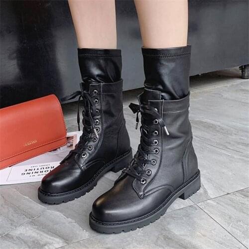 Women Shank-Hight Autumn Winter Warm Style Lace up Boots Fashion Leather Women Shoe Round Toe Black Female boot Field army Botas