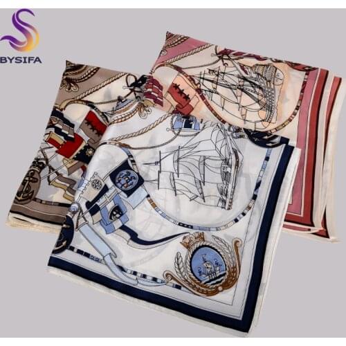 BYSIFA|New Navy Blue White Women Silk Scarf Fashion Brand Small Square Scarves Printed 100% Pure Silk Neck Scarf Accessories