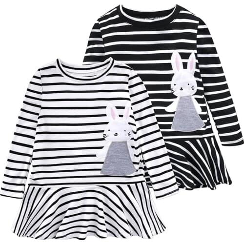 Childrens Clothing Girls Dress Baby Girls Dress Cotton Striped Rabbit Patch Embroidered Long-Sleeved Spring and Autumn Dress