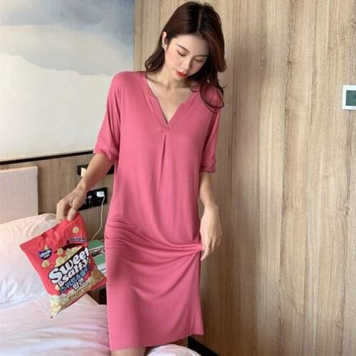 Elegant Womens Sleepwear Short Sleeve V Neck Ladies Nightshirt Loose Modal Sleepshirt New Summer Nightgowns Female Dress