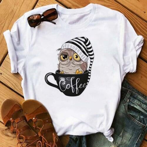 Cartoon Animal Owl Printed T Shirt Women Kawaii Graphic Print Tee Short Sleeved Casual White Female Tees Shirt Harajuku T-shirts