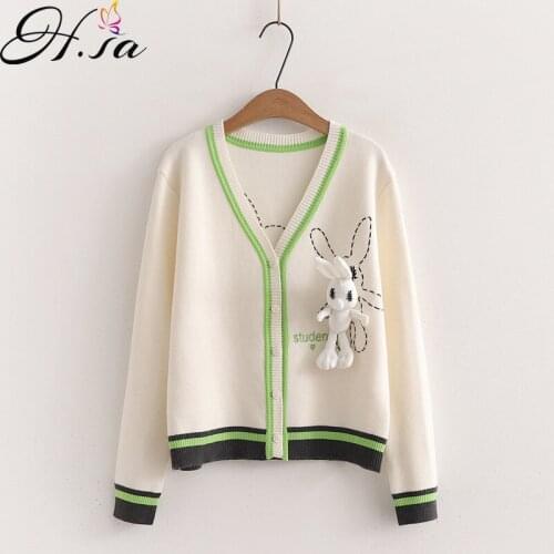 HSA 2021 White Knitted Cardigan For Women Cartoon Sweater Jackets Rabbit Toy Ponchoes Preppy Coat Top New Loose Sweater Tops