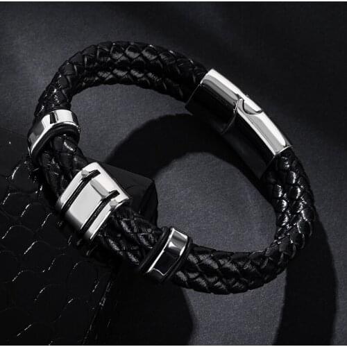 MOZO FASHION 2020 Men Bracelets Braided Stainless Steel Trendy Retro Tide Punk Genuine Leather Bangle Woman Jewelry Gifts 183