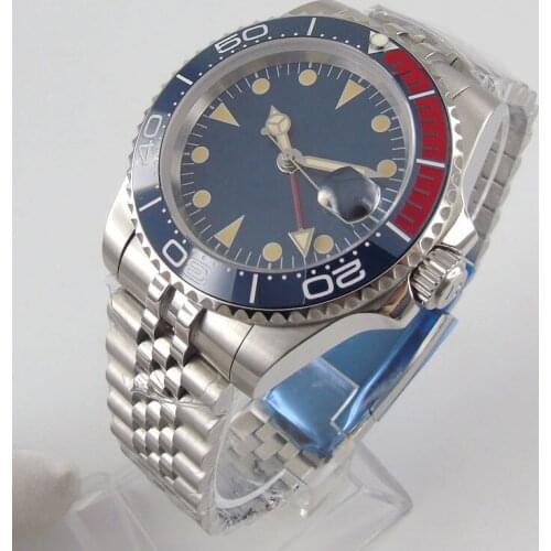 Sapphire Crystal 40mm Blue Dial Blue Red Ceramic Bezel GMT Function Stainless Band Automatic Movement Mens Watch