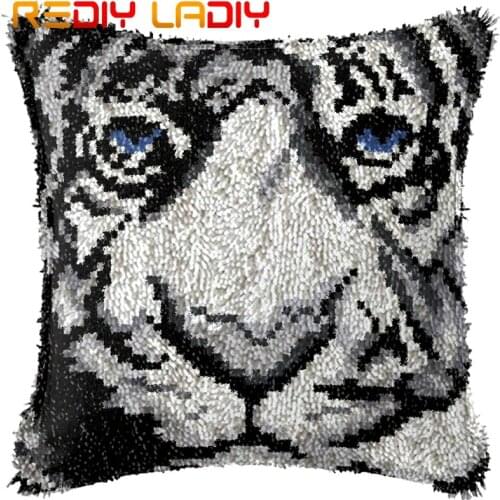 Latch Hook Kits Make Your Own Cushion White Tiger Pre-Printed Canvas Crochet Pillow Case Latch Hook Cushion Cover Hobby & Crafts