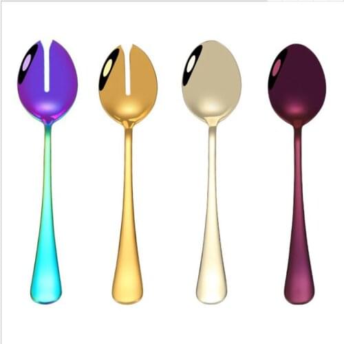 Multi-color Stainless Steel Salad Fork Spoon European Long Handle Salad Fork Spoon Western Tableware Set