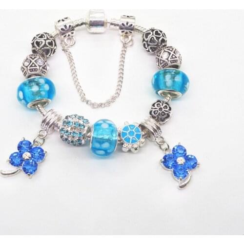 Silver Color Women Bracelet Murano Glass Bead Crystal Blue lucky fit european bracelet js1443