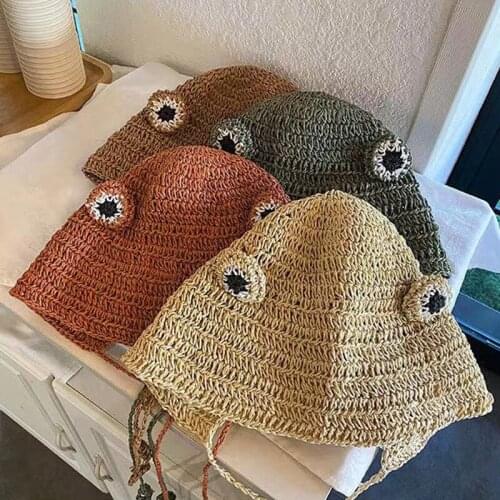 Cute Girls Summer Frog Hats Womens Raffia Bucket Hat Outdoor Travel Beach Swimming Sun Caps Panama Straw Dome Gorro