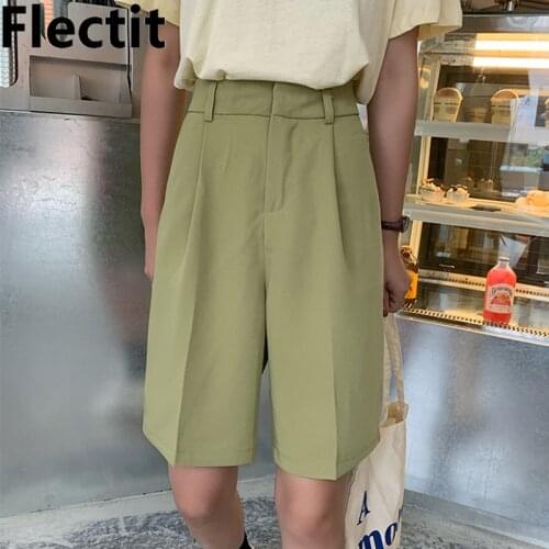 Flectit Bermuda Shorts Womens High Waist Side Pocket Pleated Bermudas Student Girl Ladies Casual Outfits