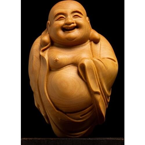 Boxwood 6cm 8cm Maitreya Sculpture Wood Carving Laughing Buddha Pendant Car Hanging Lucky Statue Home Decor