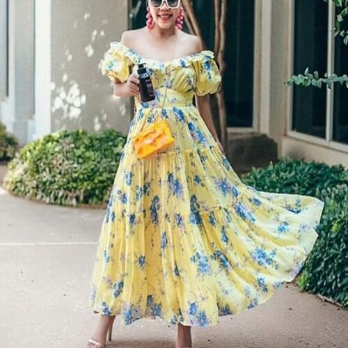 TEELYNN Puff Sleeve Long Dresses For Women 2021 Vintage Yellow Floral Print Ruffles Summer Vestidos Bohemia Garden Party Dress