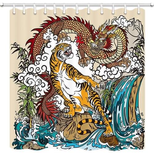 Asian Decor Shower Curtain, Chinese Dragon and Tiger in The Landscape with Waterfall Bathroom Curtain, Polyester Fabric Bath