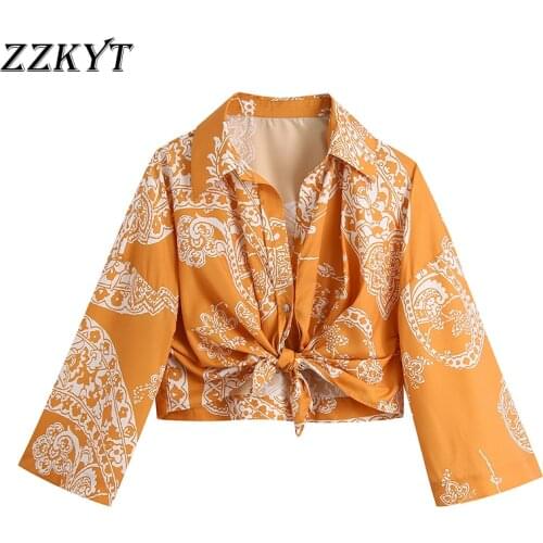 ZZKYT 2021 Women Spring Fashion Floral Print Cropped Blouses Vintage Lapel Collar Long Sleeve Bow Tie Female Shirts Casual Tops