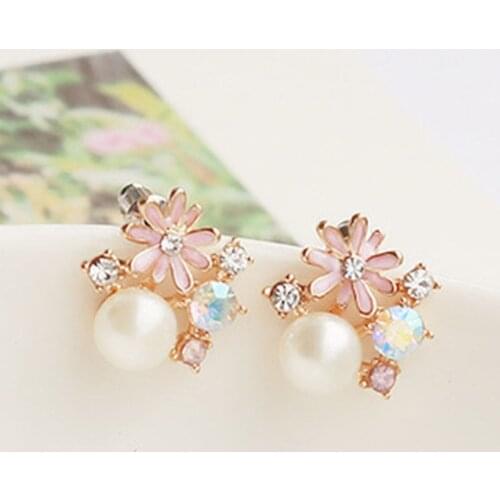 JIOFREE Flower style womens pearl earrings clips plated gold clip on earrings crystal ear clip without pierced high quality