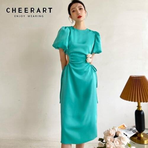 CHEERART Emerald Green Puff Sleeve Bodycon Long Summer Dress 2021 Shirred Cut Out Empire Waist Ladies Short Sleeve Dress Elegant