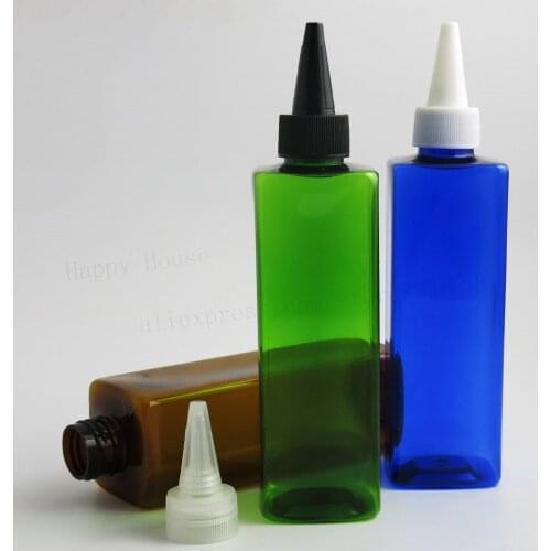 24 x 240ml 240cc Amber Blue Green Orange Clear Empty Square Shampoo PET Bottles Refillable Containers With Spout Caps