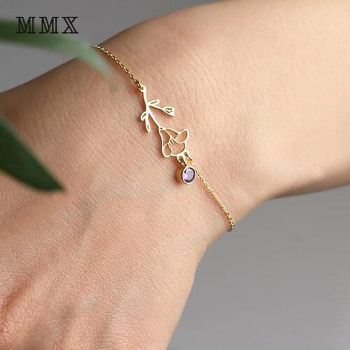 Fashion Bracelet For Women Stainless Steel Birthday Flower With Birthstone Bracelets On Hand Personalized Jewelry Birthday Gift