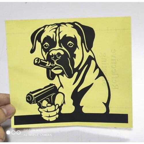 FD529A Die Cut Funny Boxer Pug Dog With Gun Style Motorcycle Car Sticker Accessories PVC Decoration Waterproof Decal