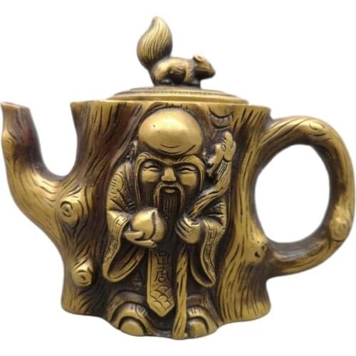 Pure copper Shouxing pot antique root carving bronze teapot wine pot domestic office tea ceremony handicraft decorative ornament