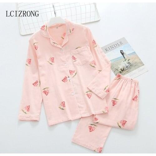 New Cotton Women Pajama Set Floral Print Sleepwear Nightgown Female Long Sleeve Turn-down Collar 2pcs Homewear Plus Size