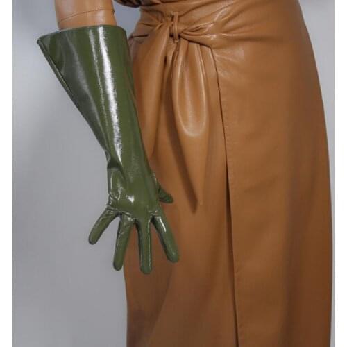 Womens fashion wide sleeve patent pu leather glove ladys club performance formal party leather leopard long glove 38cm R2336