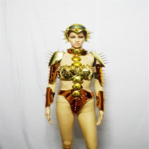 EC751 Female singer stage wears robot suit rivets helmet clothe ds dress bodysuit model performance outfits mirror costume dance