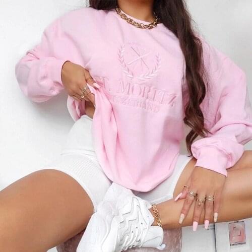 Letter Embroidery Loose Casual Oversized Sweatshirt Women Brand Design Long Sleeve Sweet Girl Plus Size Fashion Pink Tops Winter
