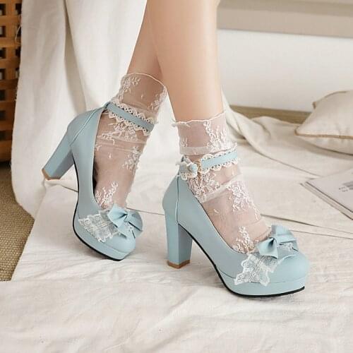 Summer 2021 Ladies Heels Platform Cute Bow Lace Princess Mary Jane Lolita Shoes Party High Heel Buckle Women Pumps Girls Sweet