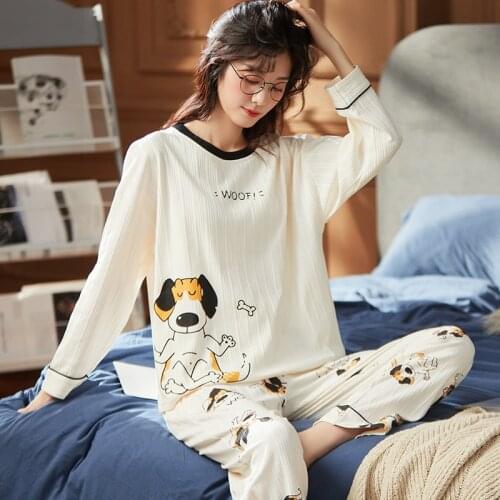 Thicken Winter Women Pajamas Set Long Sleeve Comfort Cotton O-Neck Sleepwear Ladies Cartoon Helpless Puppy Printed Cute Homewear