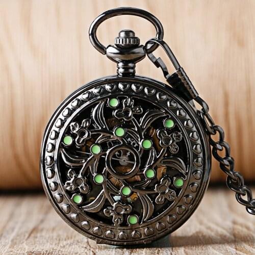 Vintage Mechanical Pocket Watch Hollow Flower Black Pocket Pendant Clock Hand Winding Retro Black Pocket Clock Gifts for Men