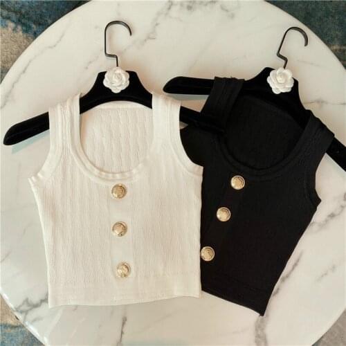 Short Knitted Tank Top for Woman Summer Square Collar Slim-Fit Cropped Tank Buckle Knitting Top Female Shirt