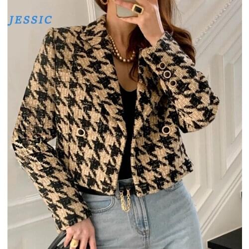 JESSIC 2021 Spring Female Turn Down Collar Double Breasted Minimalist Loose Plaid Cotton Heavy Tweed Jacket Cardigan Coat