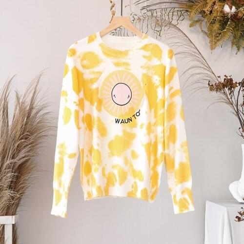 Woman yellow smiley face knitted pullover tie-dye style embroidery long-sleeved top French brand elegant woman pullover