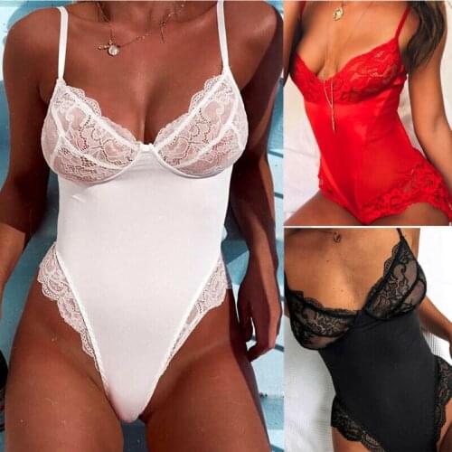 Ladies Strappy Plunge V Neck Full Lace Bodysuit Womens Bodycon Tops Lingerie Womens Swimsuit One-Piece