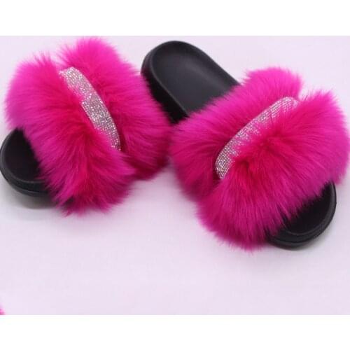 Women faux fox fur slippers furry with diamond strap 2021 fashion sandals flats fluffy luxurious plus size outdoors casual