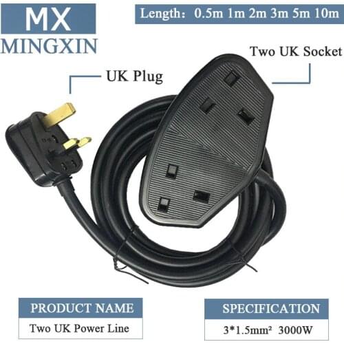 0.5M-10M 3 * 1.5mm uk-uk bs two socket uk great britain male to uk socekt female ac power extension cable adapter 13A250v 3000W