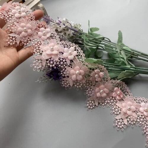 1 Yard Pink Pearl Lace Trim Grape Flowers Ribbon Embroidered Knitting Wedding Dress Handmade Patchwork Sewing Supplies Crafts