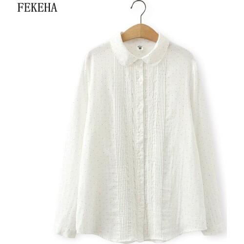Dot White Shirt Women Blouses Long Sleeve Loose Lady Tops Cotton Yarn Female Clothes