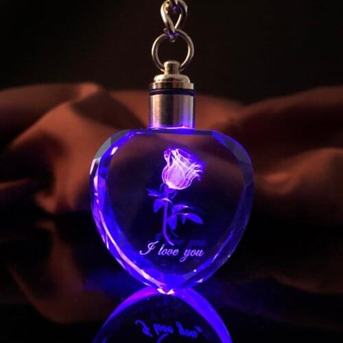 Crystal Heart Shape Key Chain Rose Flower 3D Laser Engraved Key Ring Carving Pendant Changeable Colorful LED Light Gift Souvenir