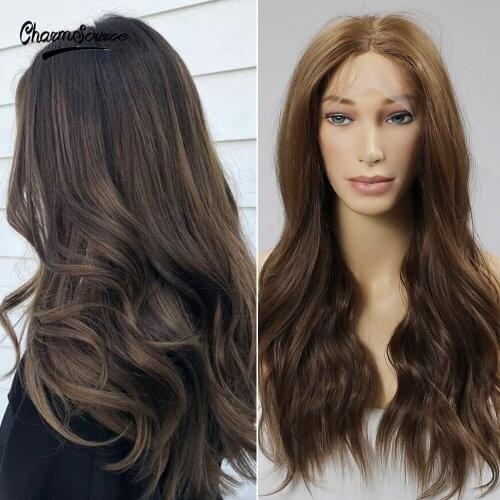 CharmSource Long Brown Lace Part Wig Synthetic Wigs Baby Hair Women Lace Wig Natural High Density Heat Resistant Daily Use