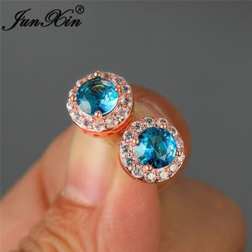 Gradient Rainbow Fire Crystal Round Earrings Rose Gold Wedding Blue Green Pink Zircon Wedding Stud Earrings For Women Jewelry Cz