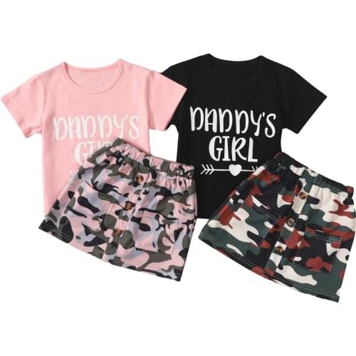 New Girl’s Outfits Two Piece Suit Fashion Letter Short Sleeve T-shirt and Camouflage Short Skirt