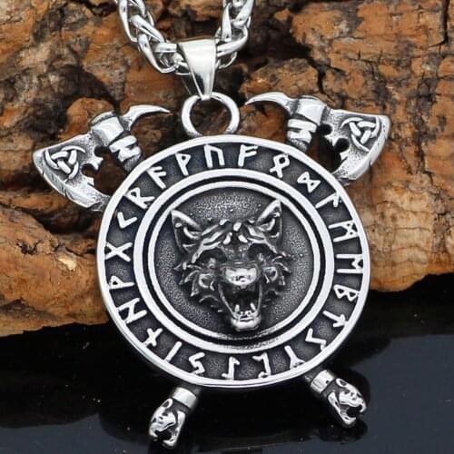 Men Viking Stainless steel Wolf Axe Rune Helm Of Awe Wolf Necklace