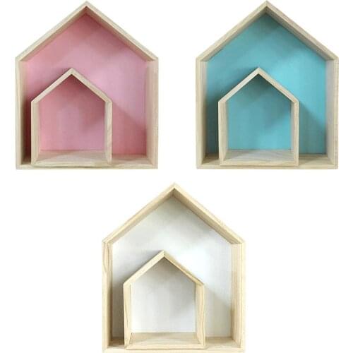 Wall Shelf Display Hanging Shelving Childrens Room House Shape Shelf Wooden Shadow Cubby Box Storage Natural Nordic Shelves