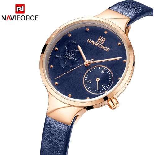 NAVIFORCE Women Fashion Blue Quartz Watch Lady Leather Watchband High Quality Casual Waterproof Wristwatch Gift for Wife 2019