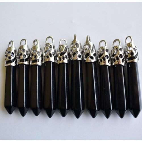 Wholesale 10pcs/lot 2020 Fashion good quality natural black onyx Hexagonal pillar charms pendants 12x50mm for jewelry making