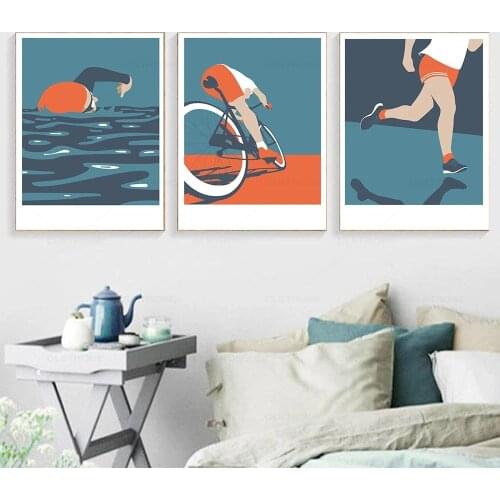 Swimming Running Cycling Posters and Prints Minimalist Cartoon Sports Canvas Painting Abstract Wall Art Pictures for Home Decor